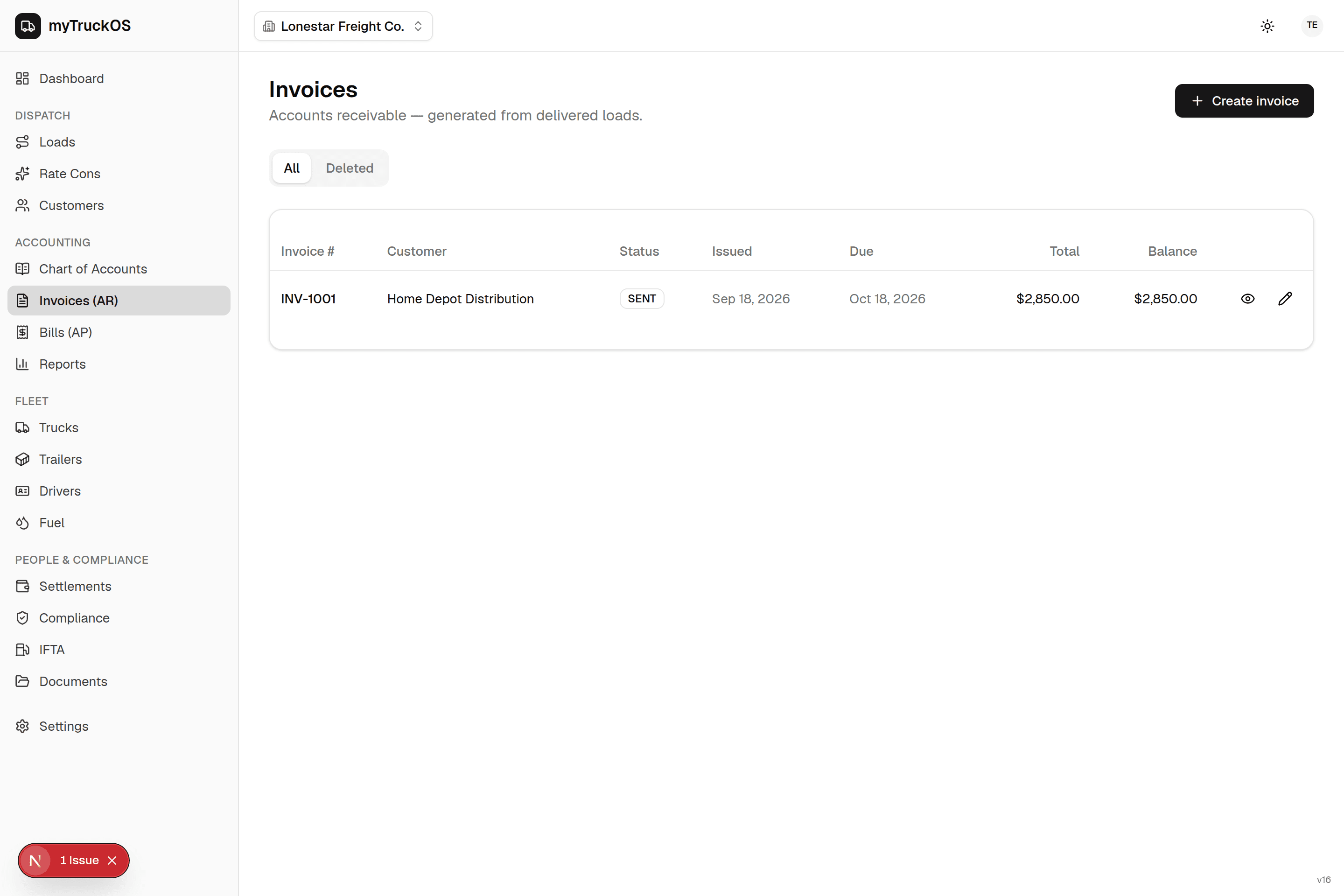 myTruckOS invoices list generated from delivered loads
