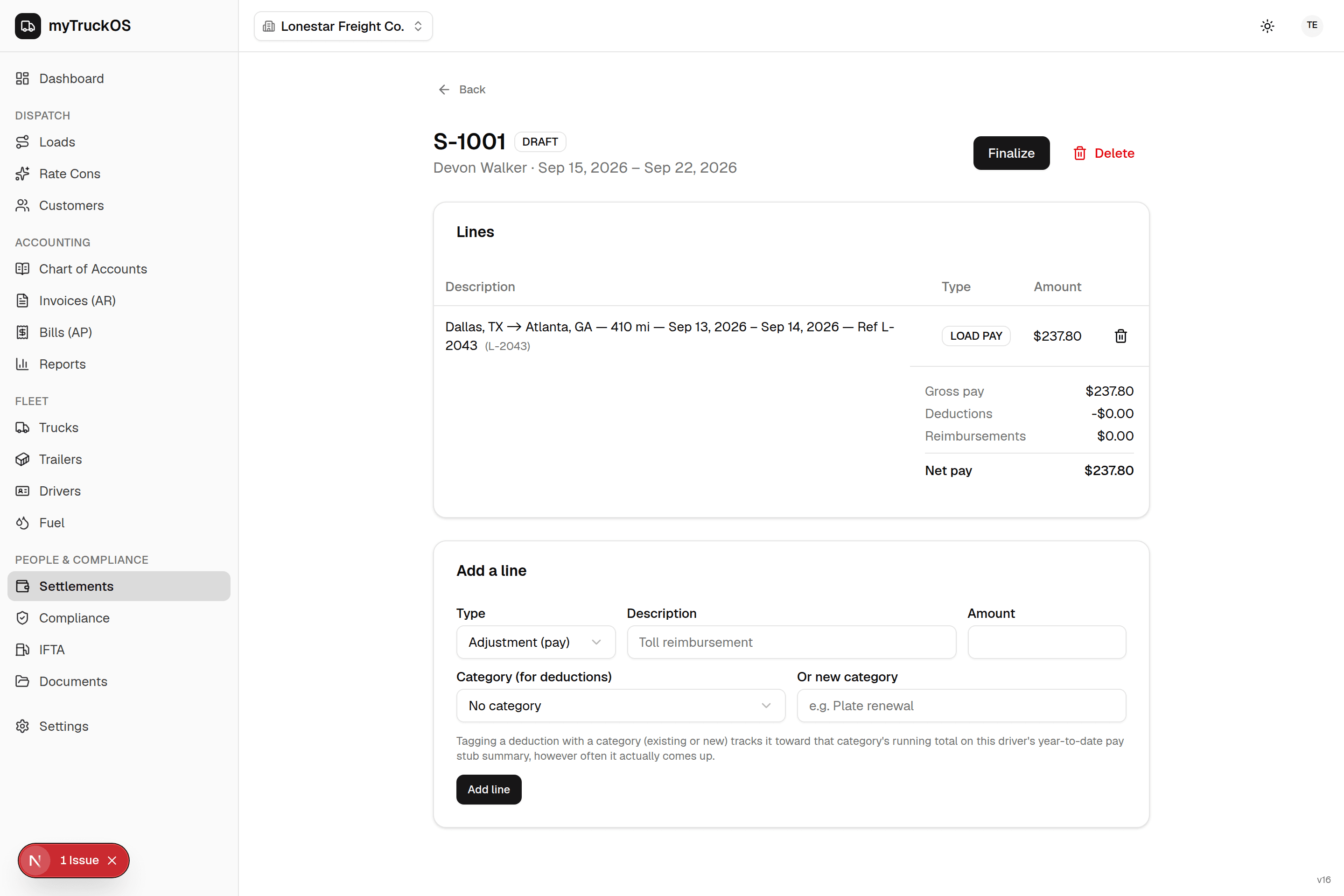 myTruckOS driver settlement showing load pay, deductions, and net pay